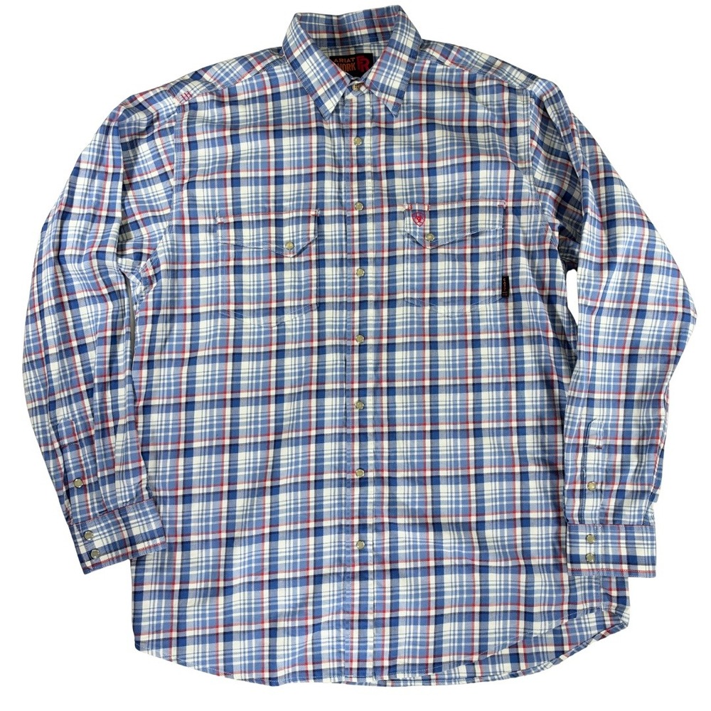 Ariat FR Karnes Mens XLT Blue Plaid CAT 2 Flame Resistant Snap Work Shirt